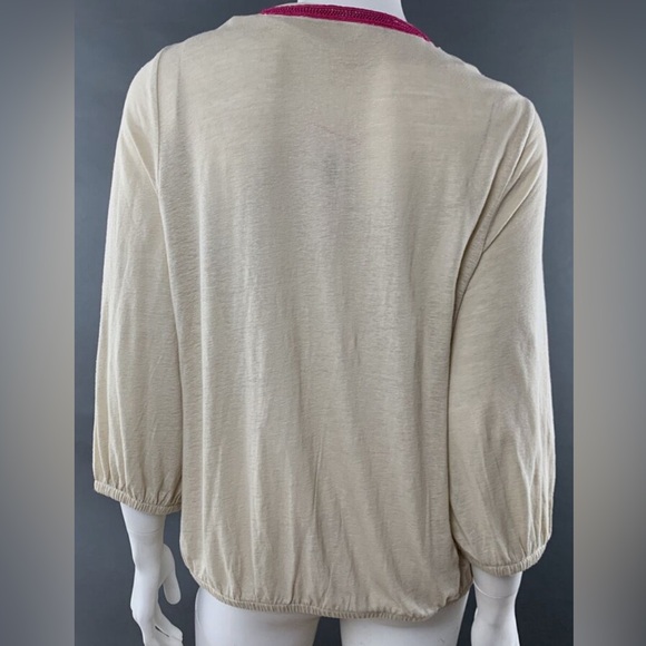 Chico’s Linen Blend Neutral w/Pink Bead Embellished/Embroidered V NeckTunic - Picture 7 of 8